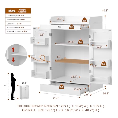 Furnaza 41" LED Kitchen Pantry Storage Cabinets - Buffet Coffee Bar Microwave Cabinet with Countertop and Drawers, 2 Doors and Ajustable Shelves for Small Space in Dining or Living Room, White