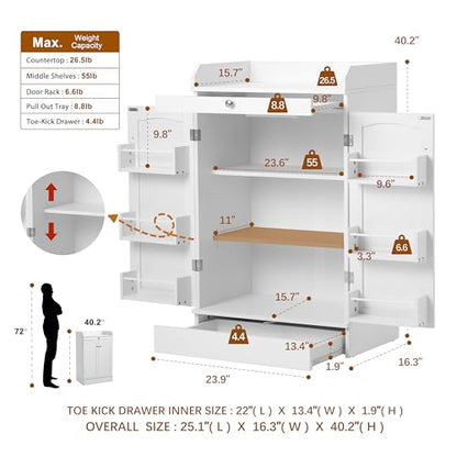 Furnaza 41" LED Kitchen Pantry Storage Cabinets - Buffet Coffee Bar Microwave Cabinet with Countertop and Drawers, 2 Doors and Ajustable Shelves for Small Space in Dining or Living Room, White