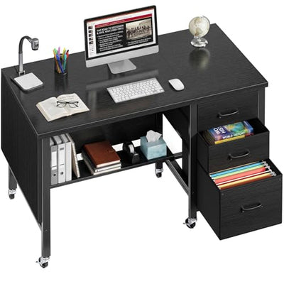 Rolling Teacher Desk with File Drawer & Privacy Panel, 47" Mobile Computer Desk with 3 Storage Drawers on Wheels, Modern Office Desks with File Cabinet for Classroom & Home Office, Black