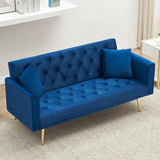 71" Modern Velvet Sofa Bed Futon, Convertible Sleeper Couch with Adjustable Backrest, Tufted Recliner Loveseat with Golden Chrome Legs & 2 Pillows for Small Spaces, Living Room, Apartment (Blue) Generic
