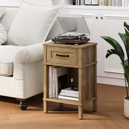Farmhouse Nightstand with Drawer, Small Wood Bedside Table, Small Rustic Side Table, Modern End Table with Drawer, Wooden Walnut Brown Night Stand for Bedroom LET512DR YAUKTAK