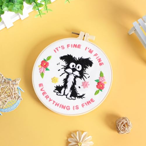 Louise Maelys Funny Dog Embroidery Kits for Beginners,Cross Stitch Kit for Adults,DIY Needlepoint with Cute Animal Pattern -It's Fine I'm Fine Everything is Fine