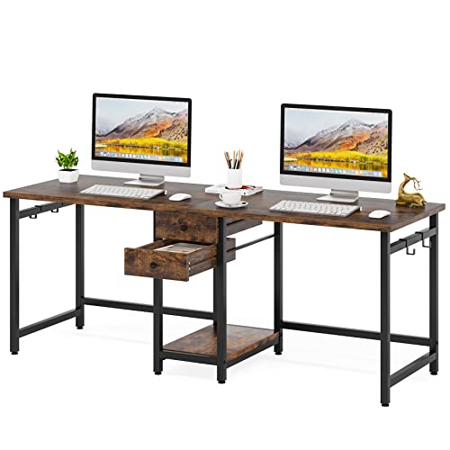 Tribesigns 79 Inch Extra Long Desk, Double Desk with 2 Drawers, Two Person Desk Long Computer Desk with Storage Shelves, Writing Table Study Desk for Home Office, Rustic Brown Tribesigns