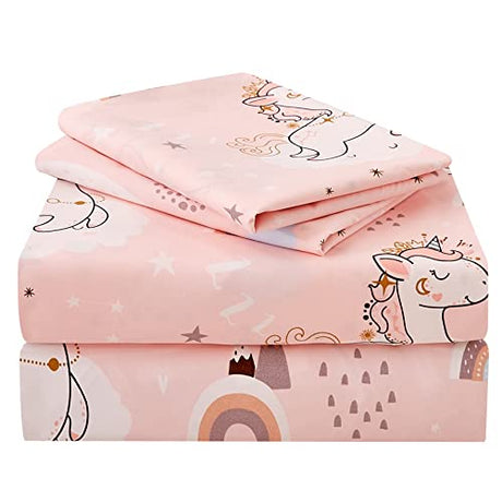 JSD Pink Unicorn Kids Sheet Set Full Size, 4 Piece Girls Rainbow Printed Microfiber Bed Sheets Deep Pocket JSD