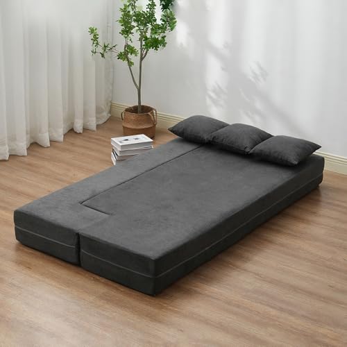 VEVOR Folding Sofa Bed, 3-in-1 Foldable Couch Bed with 3 Pillows and Washable Cover, 25D High Density Memory Foam Convertible Sleeper Chair Bed, Futon Couch for Living Room, Bedroom, Dark Grey(Twin) VEVOR