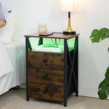 AMHANCIBLE Night Stand Set 2, LED Nightstand with Charging Station, End Side Tables with USB Port & Outlet, Bedside Tables with Fabric Drawers for Bedroom Living Room, Rustic Brown HET053LBR AMHANCIBLE