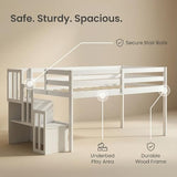 MoproBeti Low Loft Bed with Stairs, Wood Twin Size Kids Loft Bed with Guard Rails,Junior Low Loft Beds with Under-Bed Storage for Small Room/Low Ceiling Bedroom,White MoproBeti