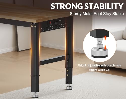 MUWOOD 72”Heavy Duty Work Bench, 2-Layer Adjustable Workbench, 5000 LBS Capacity Work Bench with Power Outlet & Pegboard, Rubber Wood Work Table for Garage, Workshop, Office, Home MUWOOD