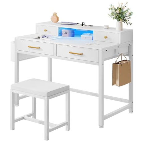 DWVO Small Vanity Table with Stool, RGB Light Strips, Makeup Desk with Storage Drawers, Charging Station, Side Hook & Fabric Pocket, Mirrorless DWVO