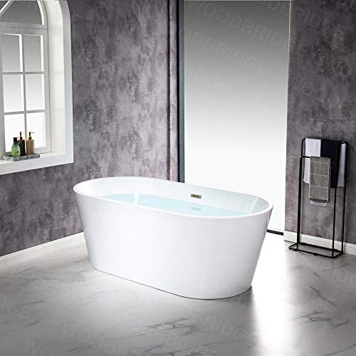 WOODBRIDGE 67" Acrylic Freestanding Bathtub Contemporary Soaking White Tub with Brushed Nickel Overflow and Drain，B0013-BN WOODBRIDGE
