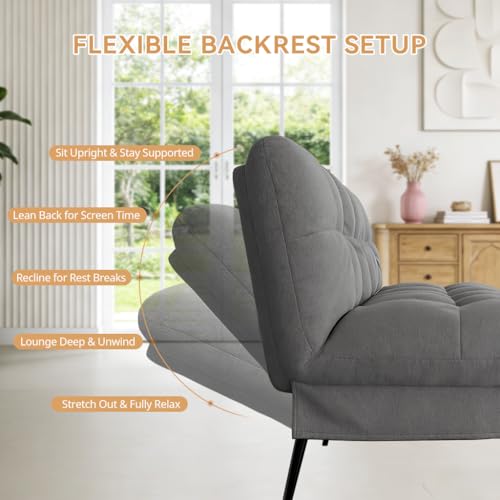 COMHOMA 72″Futon Sofa Bed,Modern Convertible Sleeper Sofa, Fabric Futon Couch with Multi-Position Backrest for Living Room Furniture (Gray) COMHOMA