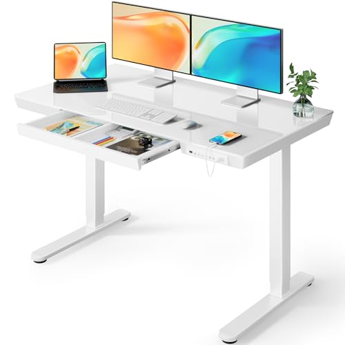 ErGear Glass Standing Desk with Drawer, 48 x 24 inch Glass Top Standing Desk with Preassembled Top & USB Charging Ports, Adjustable Sit Stand Desk for Home & Office(White Glass) - WoodArtSupply