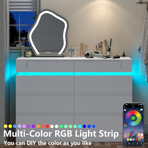 Furniouse Modern 6 White Drawer Dressers for Clothes Organizer & 2 Storage Drawers Wide Chest of Drawers with Charging Station & LED Lights, for Bedroom, Living Room Furniouse