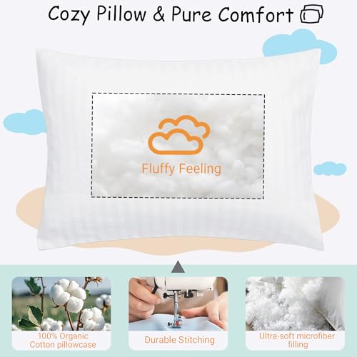ZPECC Toddler Pillow with Pillowcase - 13x18 Organic Cotton Hypoallergenic Kids Pillow, Baby Essentials for Travel Crib Daycare Stroller (Intended for Age 2 and up) White Stripe ZPECC