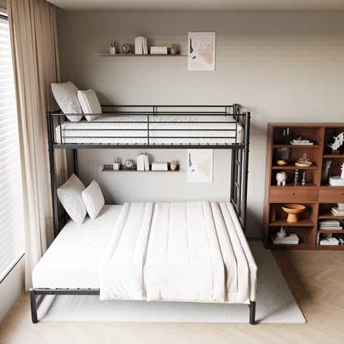 DNChuan Twin Over Twin to King Bunk Bed with Pop Up Trundle, Can Be Divided Into 2 Beds for Kids Boys Adults Girls, Metal Frame with Headboard and Footboard, Black DNChuan