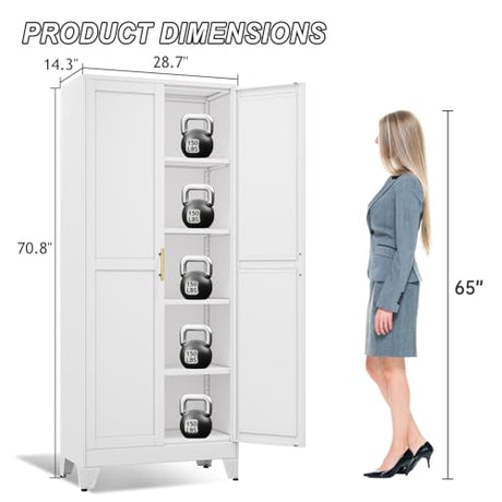 winiowa Metal Pantry Cabinet with 2 Doors and Adjustable Shelves - 71" Kitchen Storage Cabinet with Gold Handles - Versatile Storage for Kitchen, Bathroom, Dining Room, Utility Room - White winiowa