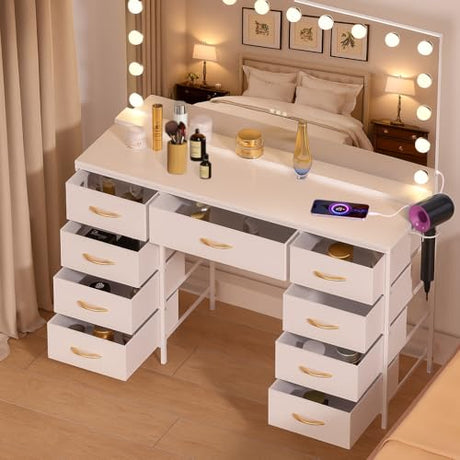 COMHOMA Vanity Desk with Large Mirror,15 LED Bulbs and Power Outlet,Makeup Table with 9 Storage Drawers and HD Mirrors,3 Color Modes Adjustable Lighting for Bedroom Dressing Room (White, 47inch) COMHOMA