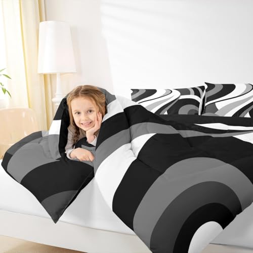 Gray Black White Spiral Queen Comforter Set for Adult Women Men Modern Swirls Stripes Abstract Bedding Set for Minimalists Boho Aesthetic Geometric Bed Sets Graffiti Art Lines Quilt Sets Erosebridal