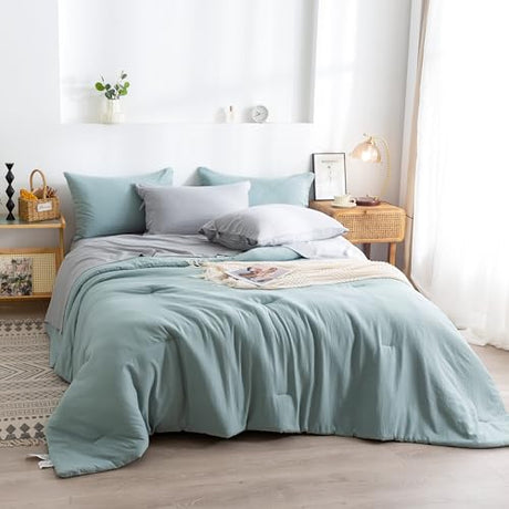 COTTEBED Ultra-Soft Twin Comforter Set with Sheets - 5 Pieces Bed in a Bag Twin Down Comforter & Bedding Sheet Sets, Lightweight Boho Cozy Washed PolyCotton for Kids Boy Girl All Season Use,Sage Green COTTEBED