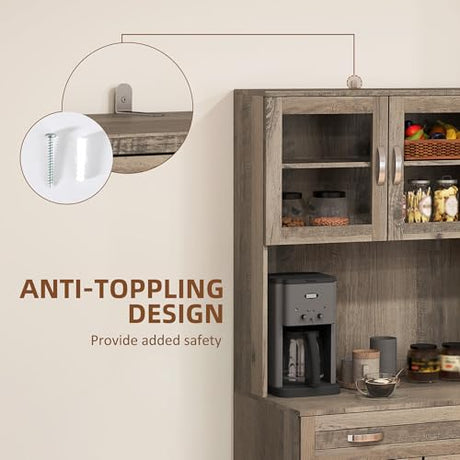 HOMCOM 67" Pantry Cabinet, Modern Kitchen Hutch, Freestanding Storage Cabinet with Glass Doors, Adjustable Shelves and Drawers for Home, Dining Room, Living Room, Gray HOMCOM