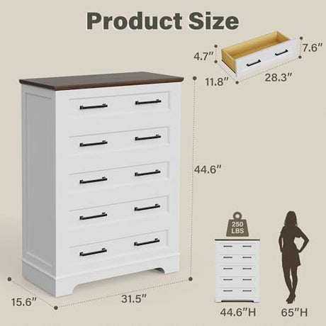 YESHOMY Tall Dresser for Bedroom,Farmhouse 5 Drawers Dresser, Chest of Drawer Chest, Multi-Tier Clothing Storage Cabinet, White and Brown YESHOMY