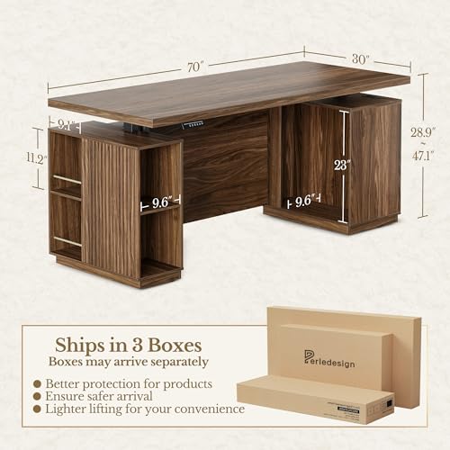 Perledesign 70" Standing Desk with Storage, Executive Electric Height Adjustable Stand Up Desk with AC/USB, Privacy Panel, Large One-Piece Destop, Fluted Computer Desk, Black Walnut Perledesign