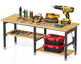 MUWOOD 72”Heavy Duty Work Bench, 2-Layer Adjustable Workbench, 5000 LBS Capacity Work Bench with Power Outlet & Pegboard, Rubber Wood Work Table for Garage, Workshop, Office, Home MUWOOD