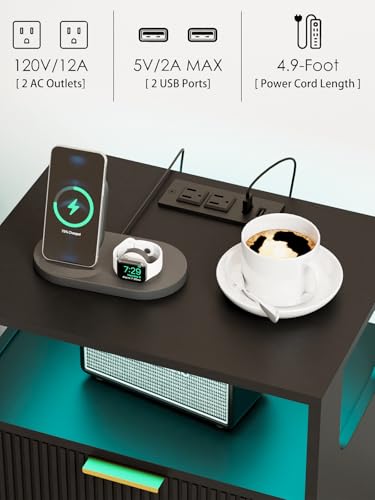 Leomonio Nightstand with Charging Station and LED Lights, Modern Bedside Table with 2 Storage Drawer and Open Wood Shelf for Bedroom and Small Spaces, Night Stand with Solid Wood Legs Leomonio