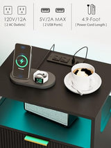 Leomonio Nightstand with Charging Station and LED Lights, Modern Bedside Table with 2 Storage Drawer and Open Wood Shelf for Bedroom and Small Spaces, Night Stand with Solid Wood Legs Leomonio