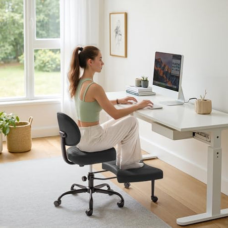 Furmax Ergonomic Criss Cross Legged Office Chair with Wheels, 360°Swivel Adjustable Height Kneeling Desk Chair with Footrest for ADHD, Yoga, Meditation, Home Office (Leather, Black) Furmax