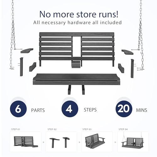 KINGYES Outdoor Hanging Porch Swing, 2 Seat Patio Swing Chair with Cup Holders, Waterproof Swing Chair Bench for Courtyard & Garden, 660LBS Weight Capacity, Gray KINGYES