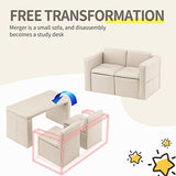 UNICOO –Kids Sofa, 2-in-1 Double Set Sofa Convert to Table & 2 Chairs, Children Boys Girls Couch Armrest Chair with Storage Box (ZKL-111K-Beige) UNICOO