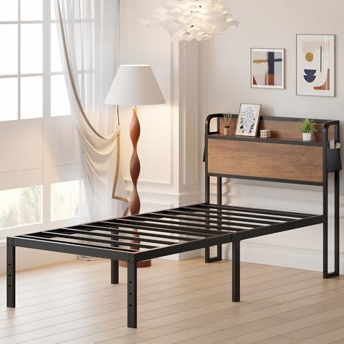 Maenizi 16 Inch Twin Bed Frames with Wood Headboard, Storage Bed Frame Twin No Box Spring Needed, Noise Free, Mahogany Maenizi
