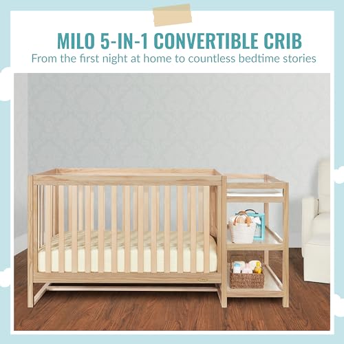 Dream On Me Milo 5-in-1 Convertible Crib and Changing Table with Free Changing Pad in Vintage White Oak, 3 Mattress Height Settings, Non-Toxic Finishes, Pinewood Dream On Me