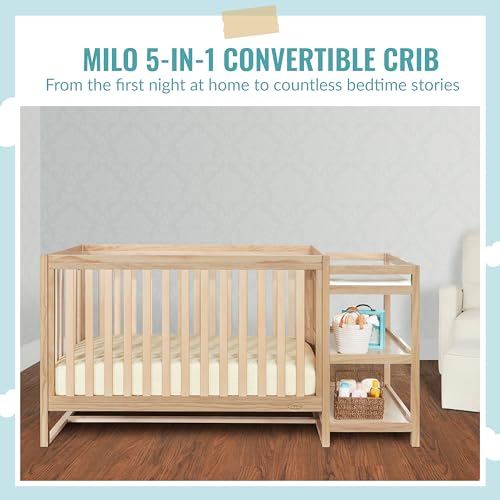 Dream On Me Milo 5-in-1 Convertible Crib and Changing Table with Free Changing Pad in Vintage White Oak, 3 Mattress Height Settings, Non-Toxic Finishes, Pinewood