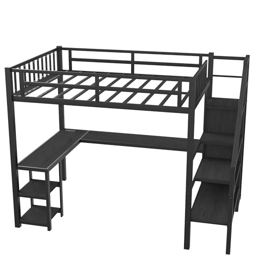 Full Size Loft Bed with Desk and Stairs Metal Full Loft Bed with Storage Wardrobe and Charging Station Adult Loft Bed with LED Lights and Adjustable Shelf for Kids Teens, Black Mirightone
