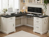 Farmhouse L Shaped Executive Desk with 4 Drawers, Home Office Desk with Hidden Under-Desk Storage Shelf and Charging Station, File Cabinet Storage, Wood Corner Computer Desk for Work(White+Black) Jocoevol