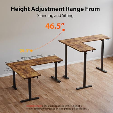 Agilestic L-Shaped Standing Desk Adjustable Height, Electric Corner Standing Desk, Sit Stand Up Desk, 75x61 inch Sit Stand Computer Table, Rustic Brown Agilestic