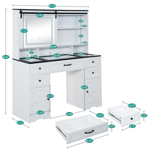 Hoyiestp Vanity with Sliding Barn Mirror, Glass Top Makeup Desk with Outlet & Charging Station, 3-Color Lights, 7 Drawers & Shelves for Bedroom, Modern Adjustable Storage Dresser Table Hoyiestp
