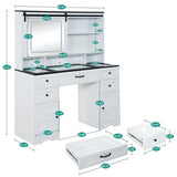 Hoyiestp Vanity with Sliding Barn Mirror, Glass Top Makeup Desk with Outlet & Charging Station, 3-Color Lights, 7 Drawers & Shelves for Bedroom, Modern Adjustable Storage Dresser Table Hoyiestp