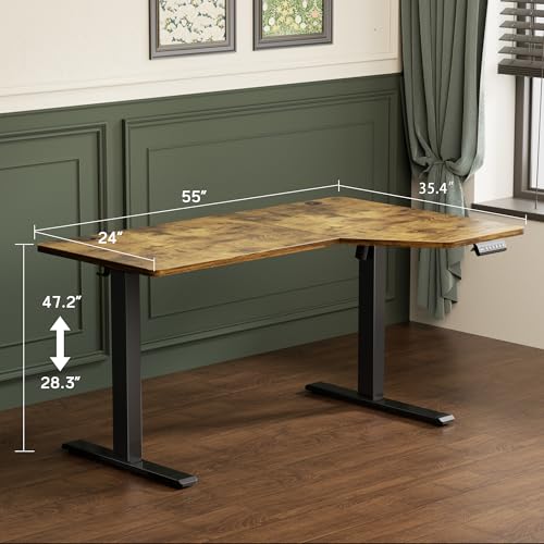 CROWNFURN Electric Corner 55 x 35 Inch L-Shaped Standing Desk Workstation,Memory Controller Height Adjustment,Ergonomic Rising Computer Table with Splice Board, Rustic Brown CROWNFURN