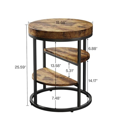 Tribesigns Round End Table, Small End Table with 3 Storage Shelves, Wood Side Table for Small Spaces, Industrial Sofa Side Table for Living Room, Rustic Brown Nightstand and Bedside Table for - WoodArtSupply