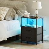 TRIFEBLE Nightstands Set of 2, Night Stand with Charging Station and Led Lights, Bedside Table with 2 Fabric Drawers for Bedroom, Small Side End Table with Open Shelf, Black TRIFEBLE