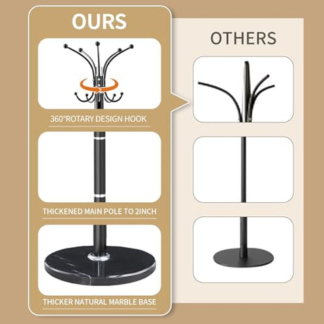 LOZABEE Metal Heavy Duty Coat Rack Stand, Modern Freestanding Coat Rack with Natural Marble Base, 360° Roraty Coat Racks with 14 Hooks, Black Coat Hall Tree Hanger Stand for Entryway, Office LOZABEE