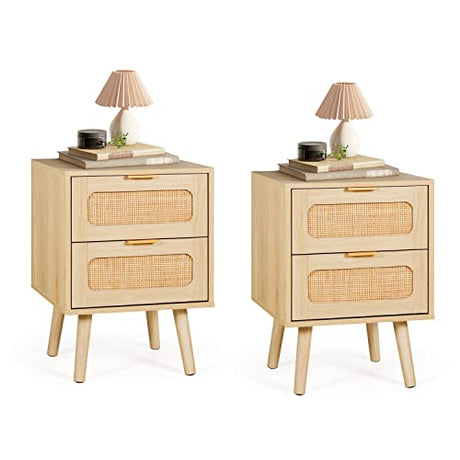LAZZO Set of 2 Nightstands Wooden Night Stands with Rattan Drawers Home Bedside End Table for Bedroom (2 Drawers Design) LAZZO