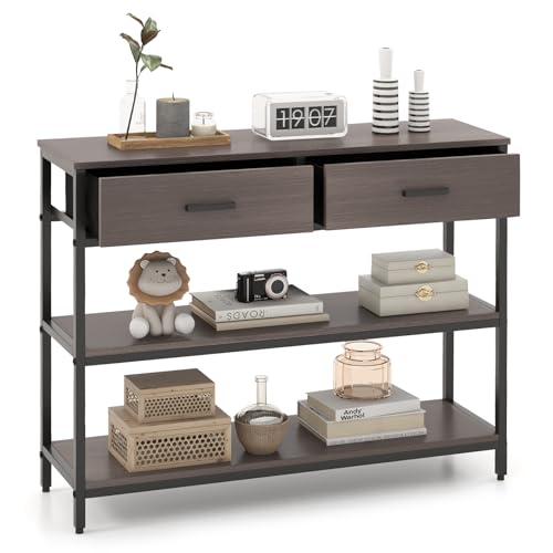 Giantex 3-Tier Entryway Table with Storage, Sofa Table w/ 2 Large Drawers, 2 Open Storage Shelves, Anti-toppling Device, Side Table w/Metal Frame, Console Table for Hallway, Living Room, Grey Oak Giantex