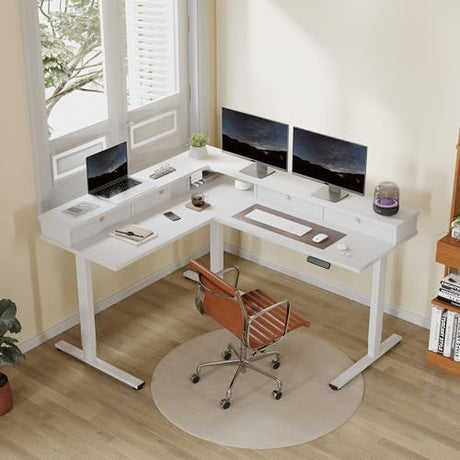 FLEXISPOT 63" L Shaped Standing Desk with Shelf Electric Corner Table, Drawers, Adjustable Computer Workstation for Home, Office,63x55in, White Top + White Frame FLEXISPOT