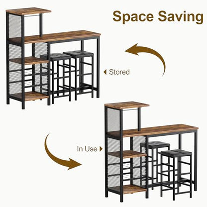 VECELO 3-Piece Bar Table and Chair Set with Storage Shelves and Cup Holders - Stylish Brown Design for Small Spaces