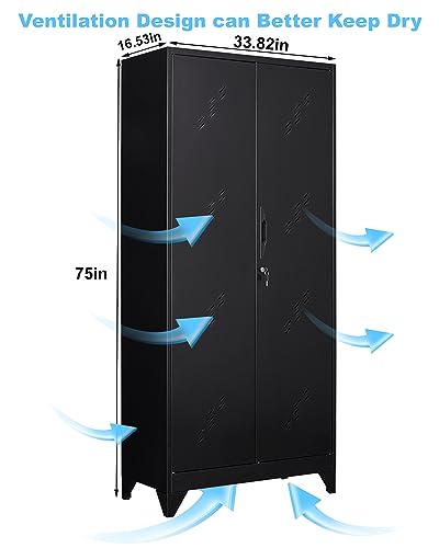 YILFANA 75" Metal Storage Cabinet with Lockable Doors, Functional Garage Storage Cabinets, Heavy-Duty Tool Organization Cabinet with Hanging Rod & S-Hooks (75" Utility Closet) YILFANA