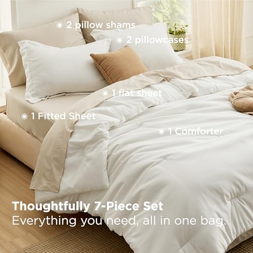 Bedsure King Size Comforter Set - 7 Pieces White King Bedding Set for All Seasons, Boho Contrasting Design Bed in a Bag with Comforter, Sheets, Pillowcases & Shams Bedsure